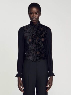 Sandro May Floral Guipure Lace Mock Neck Velvet Top in Black✨✨